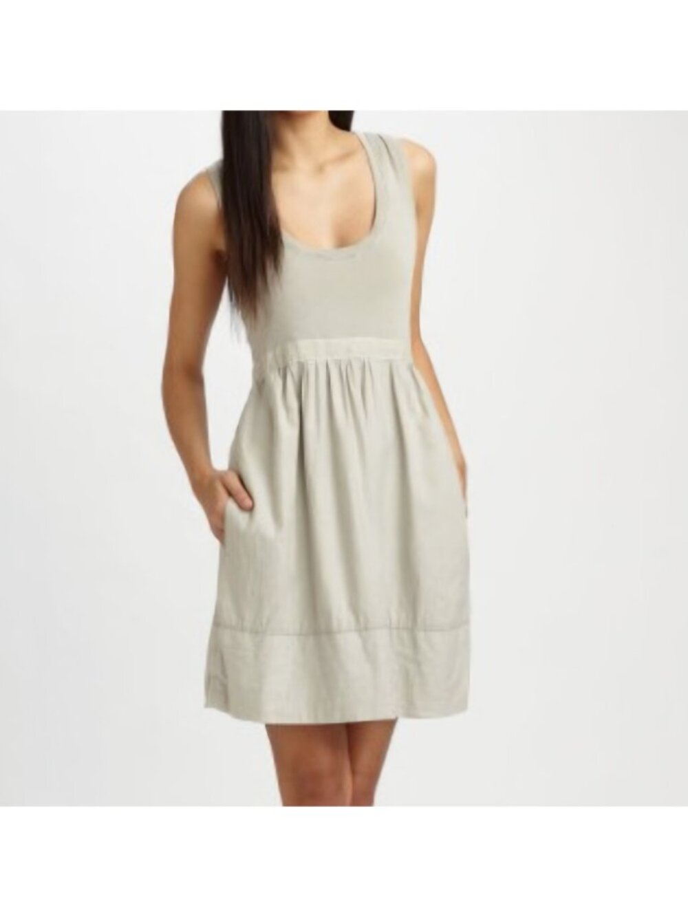 James Perse 2 Cotton Babydoll Dress Medium Olive Coastal Pockets Boho Earthy